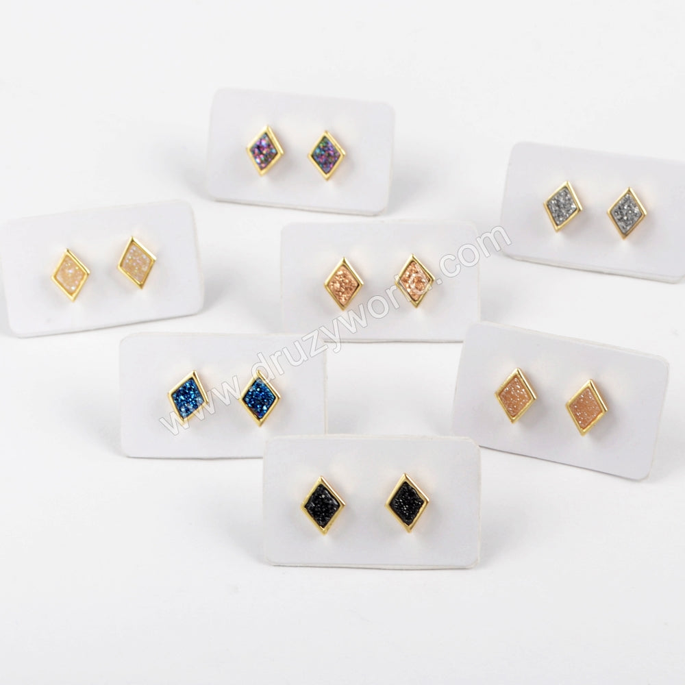 Diamond Gold Plated Bezel Rainbow Titanium Druzy Studs Earring ZG0281