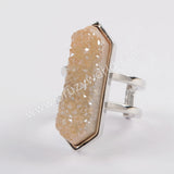 Bezel Natural Agate Titanium Rainbow Druzy Open Ring Silver Plated ZS0425