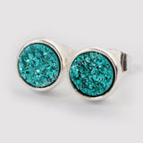 8mm Round Natural Agate Titanium Druzy Stud Earrings Silver Plated ZS0328