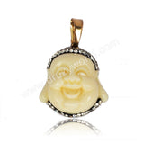 Resin Ox Bone Carved Smile Buddha Head With Rhinestone Pave Pendant Bead JAB035