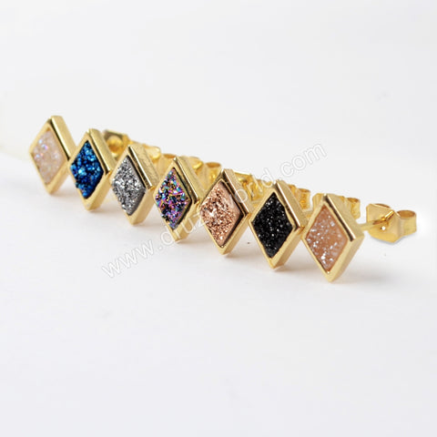 Diamond Gold Plated Bezel Rainbow Titanium Druzy Studs ZG0281