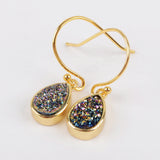 Gold Plated Bezel Teardrop Rainbow Titanium Druzy Charm Earrings ZG0162