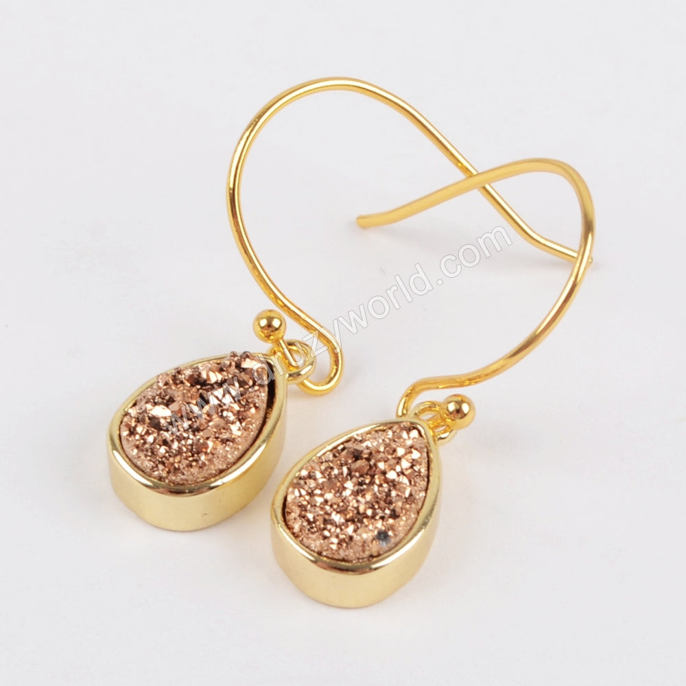 Gold Plated Bezel Teardrop Natural Titanium Druzy Earrings ZG0162