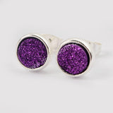 8mm Round Natural Agate Titanium Druzy Stud Earrings Silver Plated ZS0328