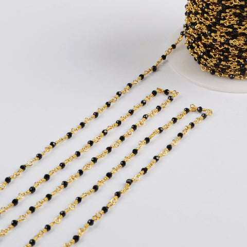 16 Feet of Natural Black Spinel Beads Faceted Rosary Chains In Gold Plated JT251