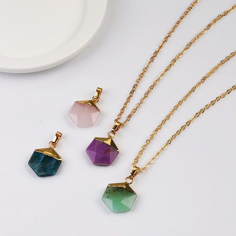 18"  Gold Plated Hexagon Rainbow Gemstone Faceted Pendant Necklace G2072-N