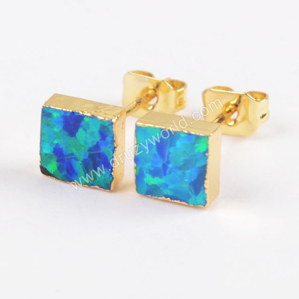 Square Blue/White Opal Studs Earring Gold Plated G1425