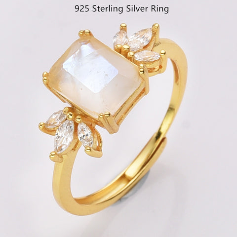 S925 Sterling Silver Rectangle Moonstone Faceted Ring Zircon Ring, Adjustable, 18k Gold Plated Jewelry Ring SS236RG