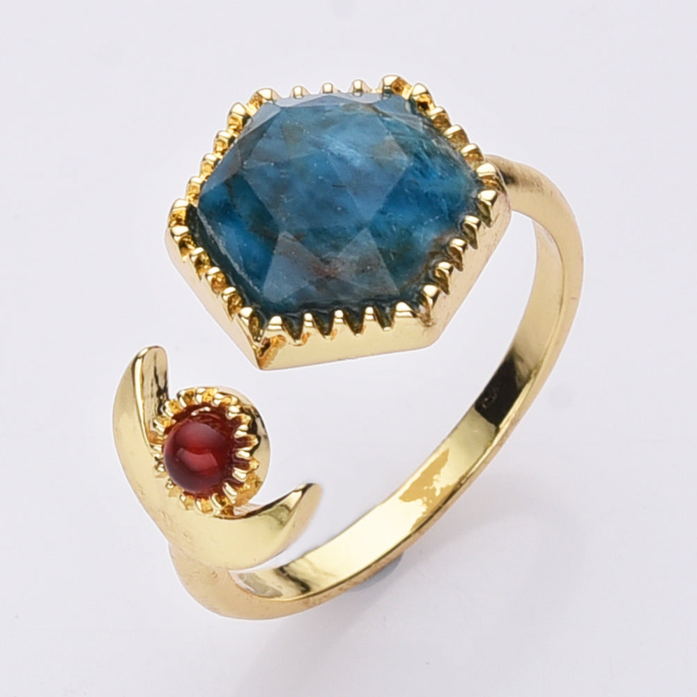 Hexagon apatite ring, Gold Plated Brass Gemstone Faceted Ring, Adjustable Open Ring, Natural Crystal Jewelry WX2195