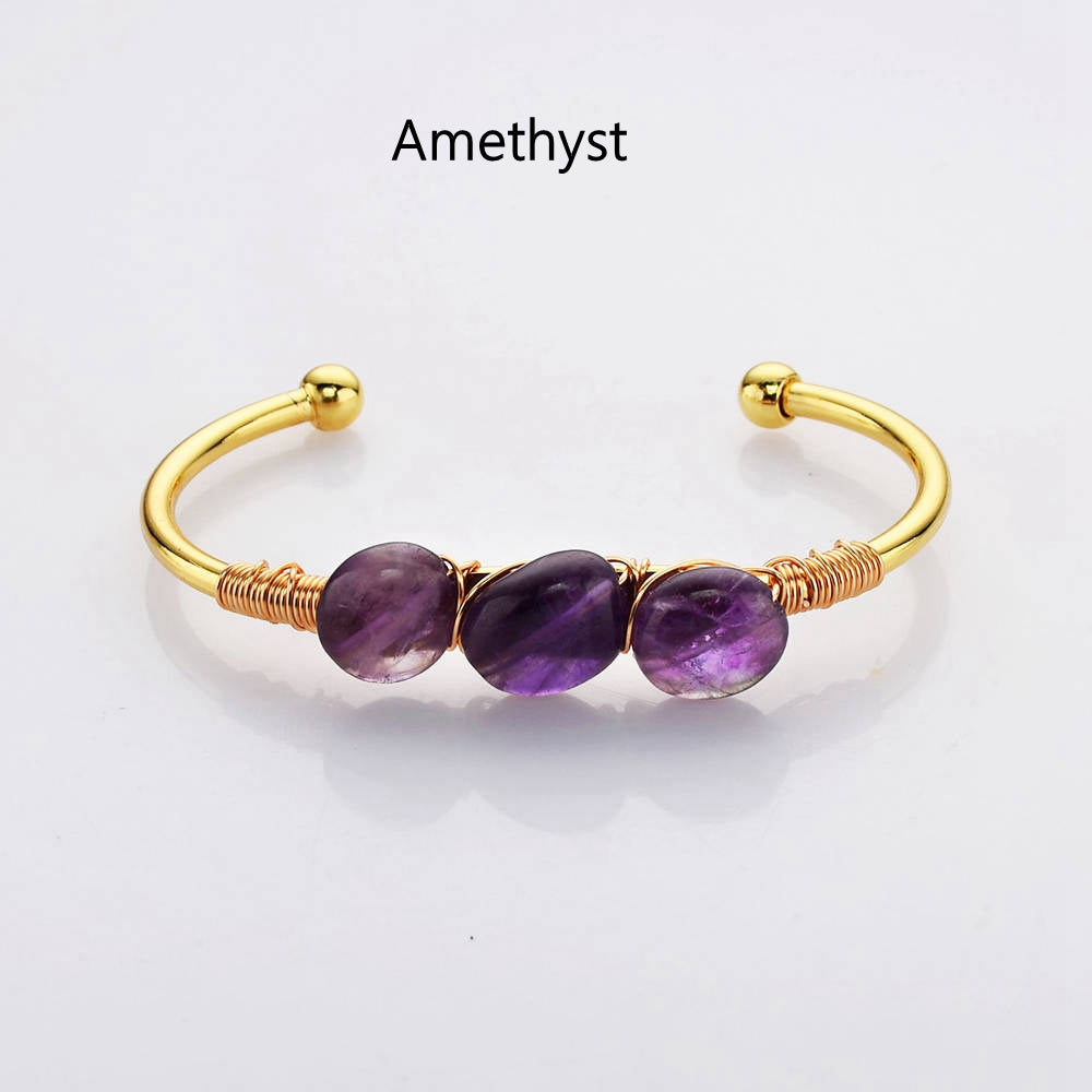 amethyst bracelet Gold Plated Brass Wire Wrap Gemstone Bangle Bracelet Healing Crystal Stone Bracelet Handmade Boho Jewelry WX2075