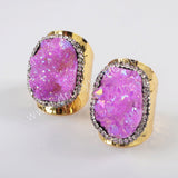 Rhinestone Pave Titanium Pink Druzy Geode Gold Band Ring JAB964