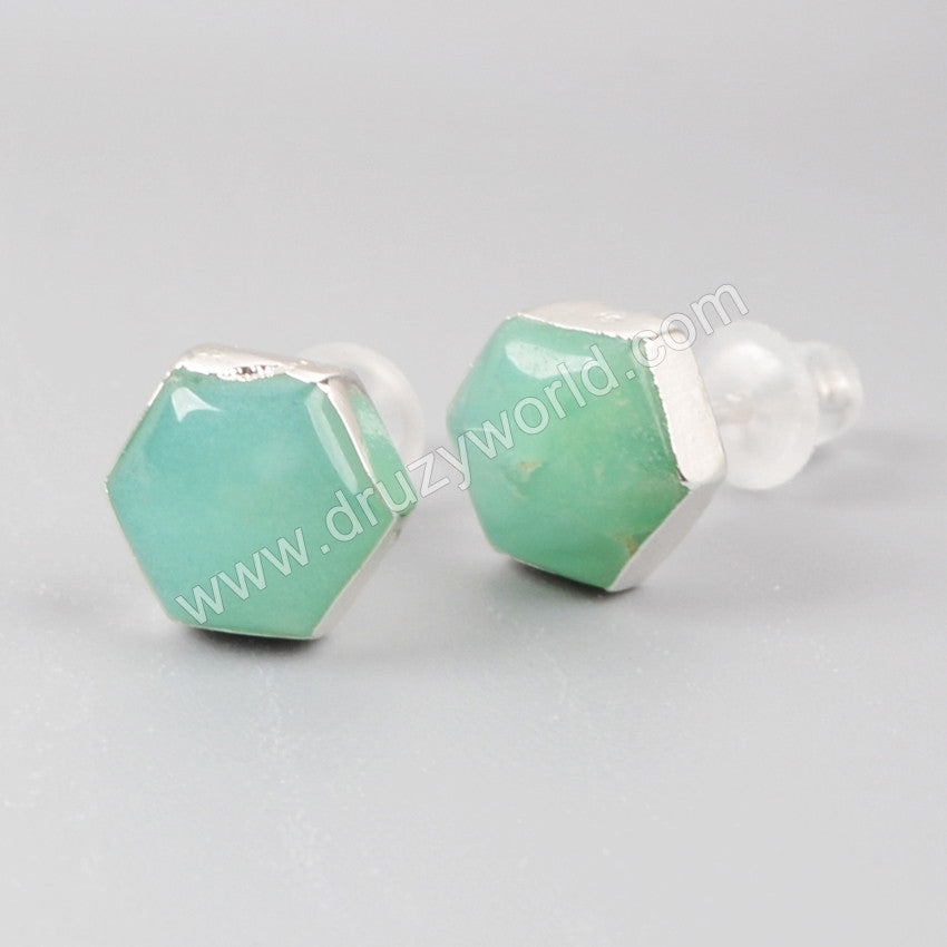 S925 Sterling Silver Hexagon Natural Australia Jade Stud Earrings SS050