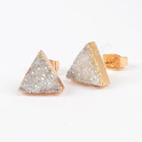 Gold Plated Triangle 10mm Natural Agate Titanium Rainbow Druzy Stud Earrings G0915