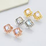 S925 Sterling Silver Diamond Moonstone Faceted Stud Earrings, Zircon Pave Crystal Fashion Earrings LM035