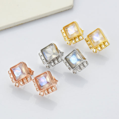 S925 Sterling Silver Diamond Moonstone Faceted Stud Earrings, Zircon Pave Crystal Fashion Earrings LM035