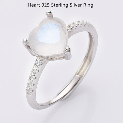 925 Sterling Silver Natural Moonstone Heart Ring Zircon Pave Ring, Adjustable Healing Crystal Jewelry Ring SS232