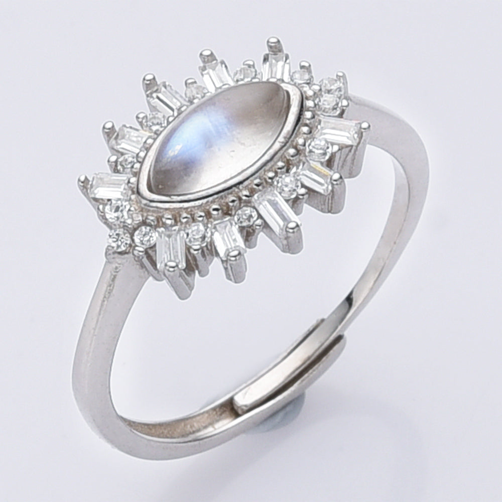 S925 Sterling Silver Marquise Shape Moonstone CZ Micro Pave Ring, Adjustable Size, Dainty Jewelry Ring LM010