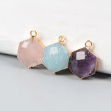 Hexagon Gemstone Faceted Charm Gold Plated, Amethyst Rose Quartz Amazonite Charm G0949