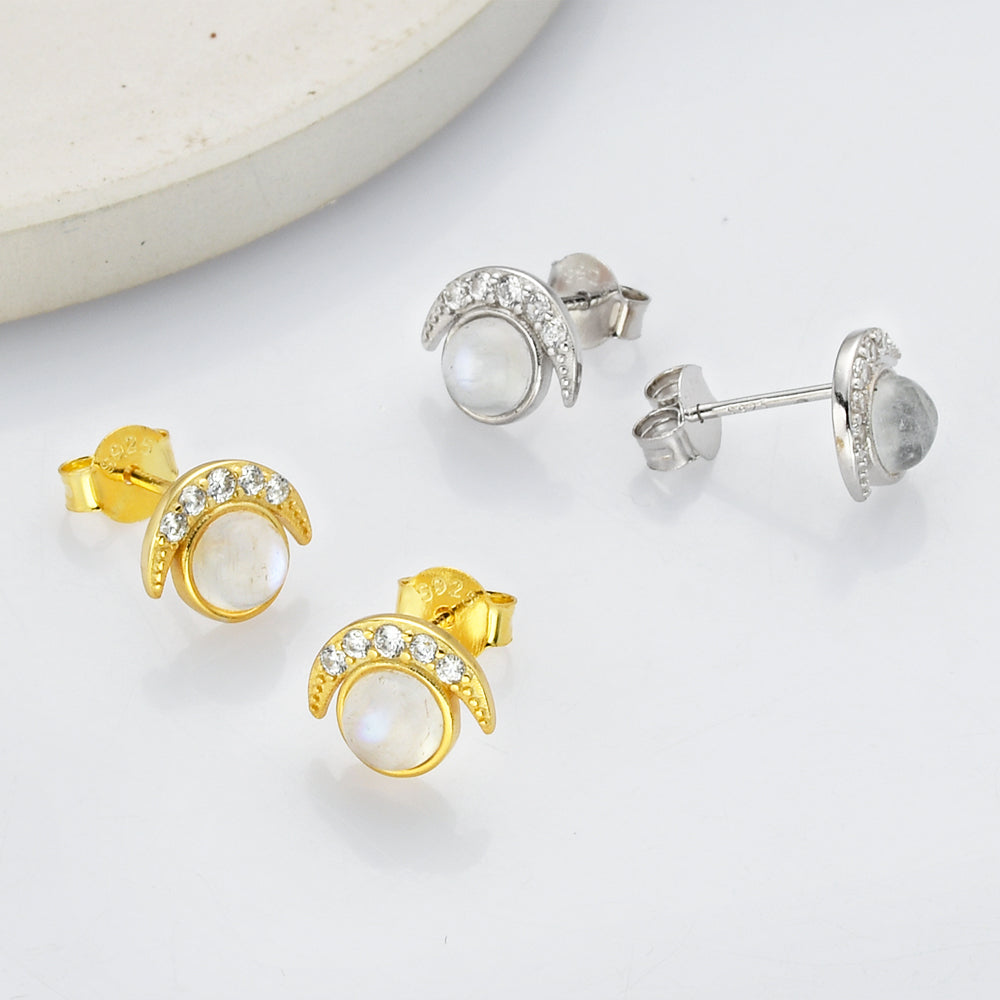 crescent moon earrings, moonstone earrings, sterling silver earrings