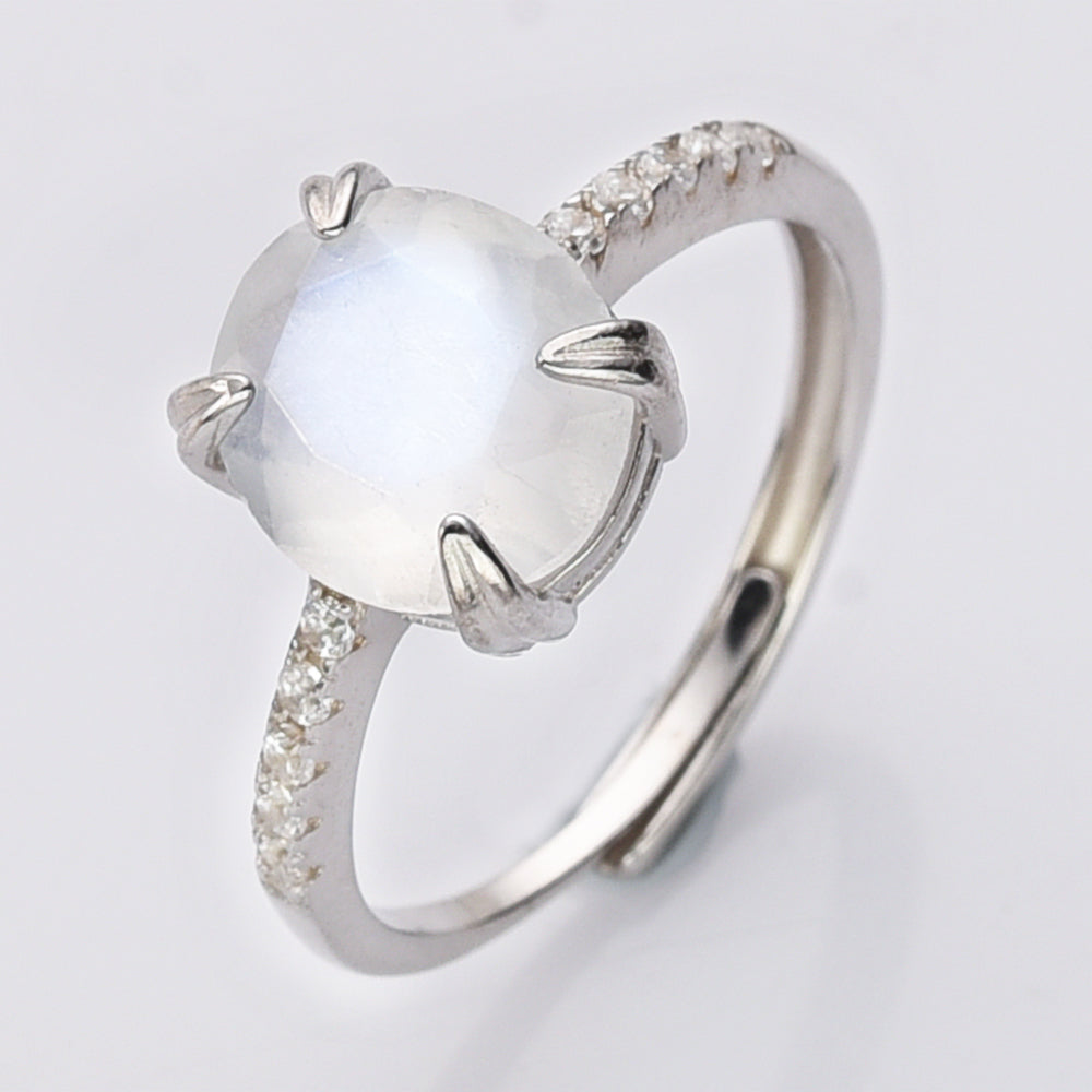 Oval 925 Sterling Silver Moonstone CZ Ring, Adjustable Size, Faceted Egg Shape Crystal Ring, Wholesale, Fashion Jewlery LM013
