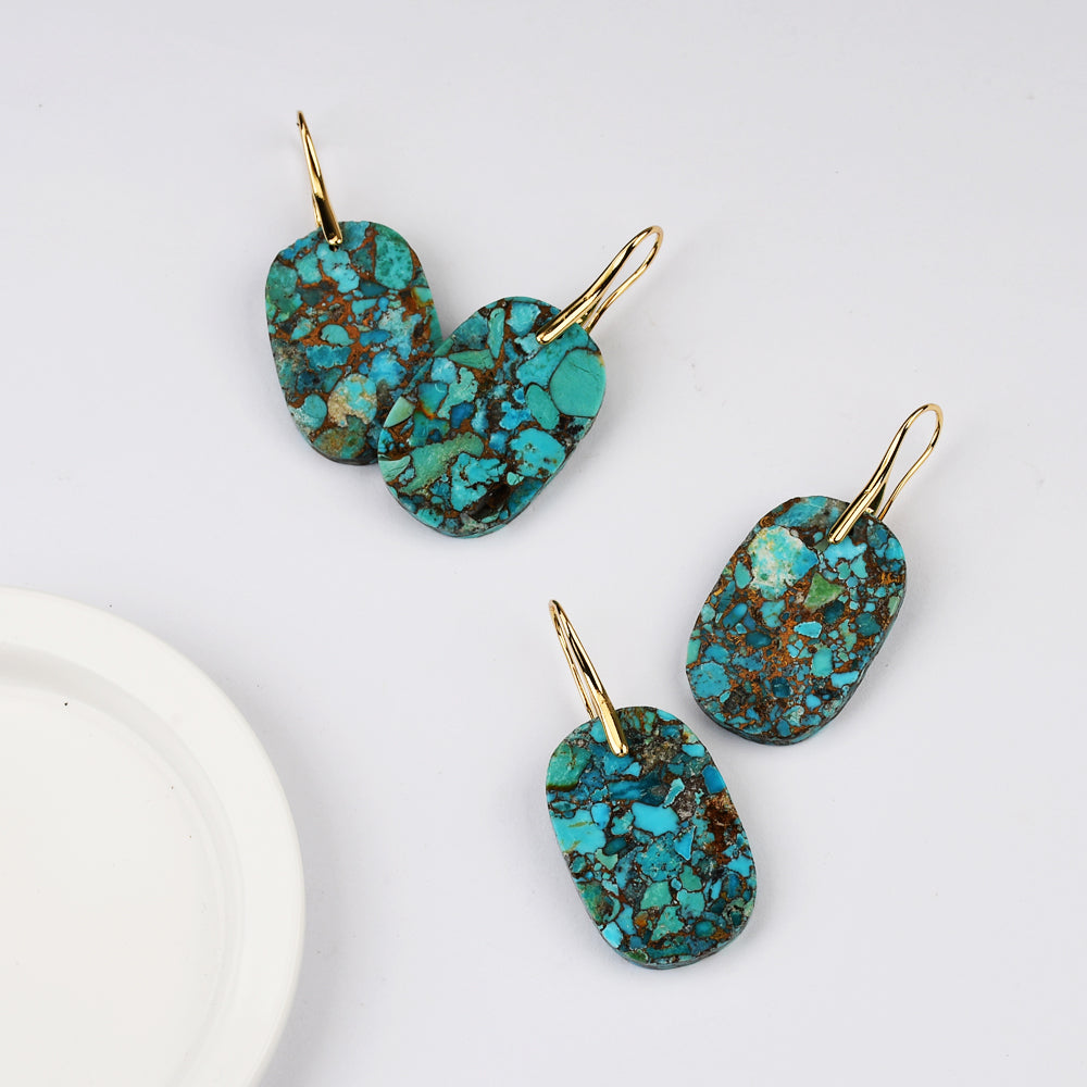 Oval Gold Plated Natural Copper Turquoise Dangle Earrings G2078-6