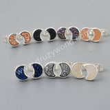 Silver Plated Bezel Crescent Moon Natural Titanium Druzy Studs Earrings ZS0282