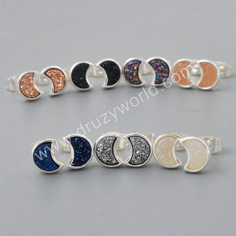 Silver Plated  Moon Bezel Natural Druzy Studs ZS0282