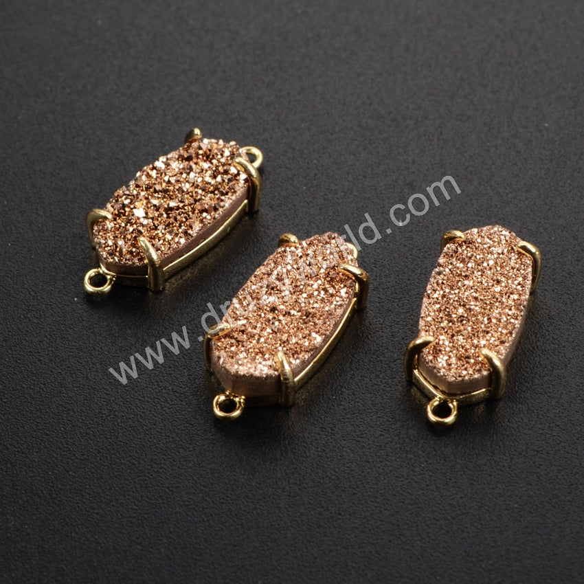 Hexagon Gold Plated Claw Natural Agate Titanium Druzy Connector, For Jewelry Making ZG0135