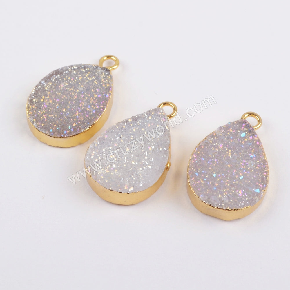 Teardrop Rainbow Titanium Natural Druzy Charm Gold Plated, Crystal Drusy Charm For Jewelry Making  G1455