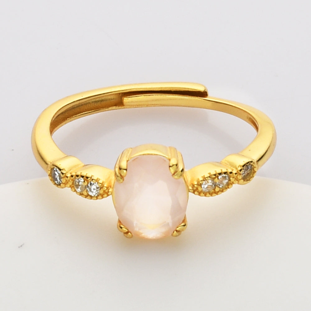 S925 Sterling Silver Gold Oval Faceted Gemstone Diamond Ring, Healing Crystal Amethyst Aquamarine Rose Quartz Moonstone Birthstone Ring, Dainty Jewelry SS207