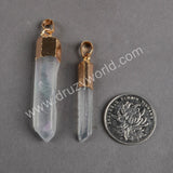 Gold Plated Raw Titanium AB White Natural Aura Crystal Quartz Point Pendant G0061