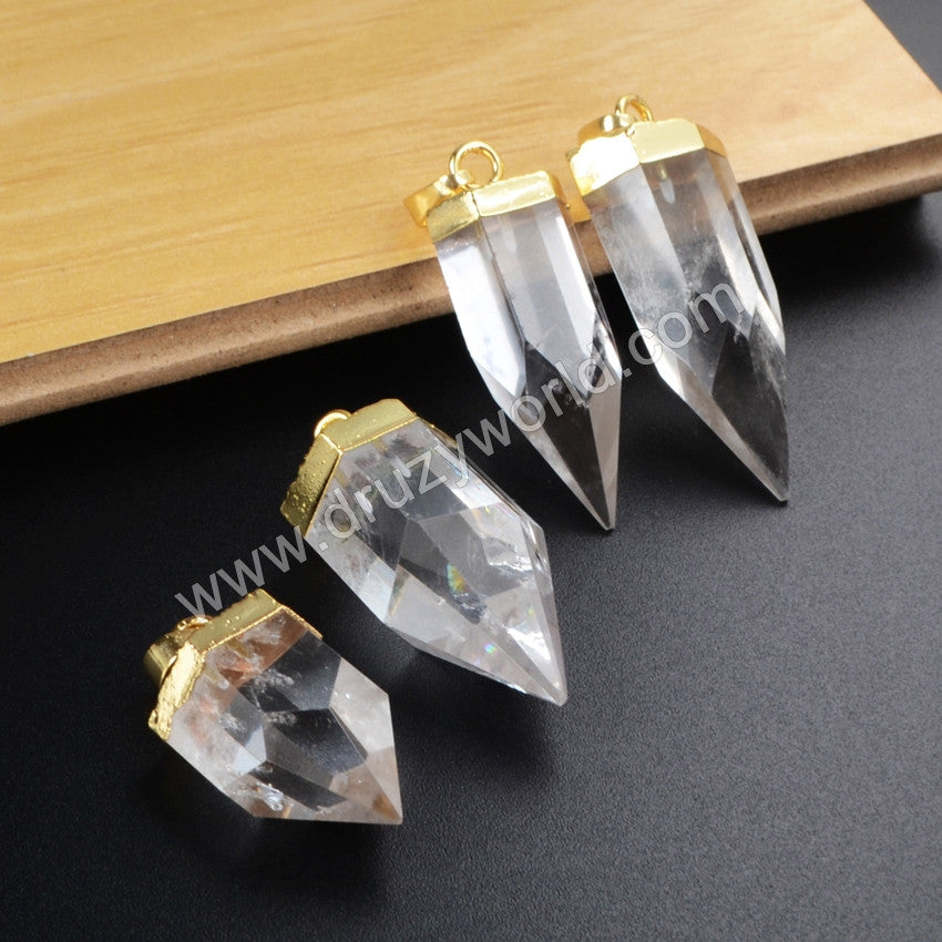 Gold Plated Natural White Quartz Faceted Point Pendant Bead G1009