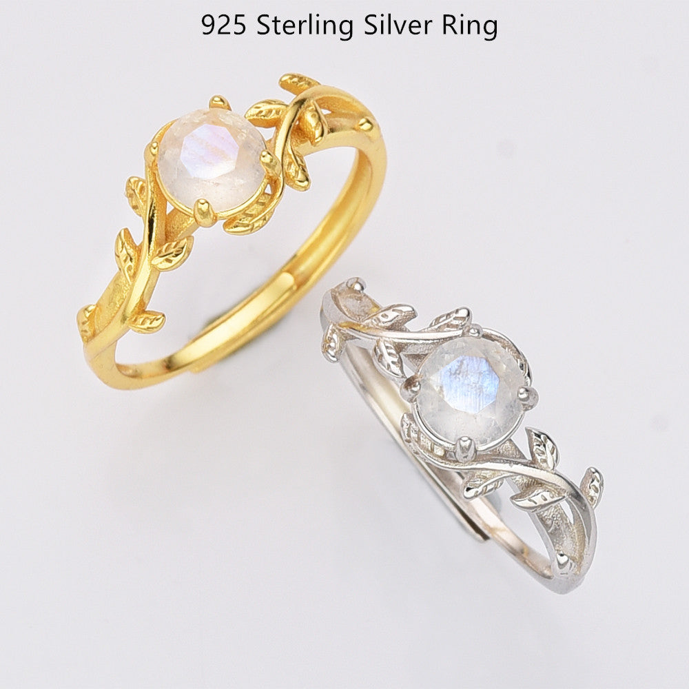 925 Sterling Silver Moonstone Leaf Rings, Adjustable Size, Round Faceted Moonstone Ring, V Shape CZ Ring, Wholesale Supply LM022