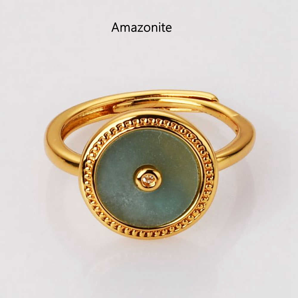 Adjustable Round amazonite ring Gold Plated Natural Gemstone Ring Healing Crystal Rings WX2084