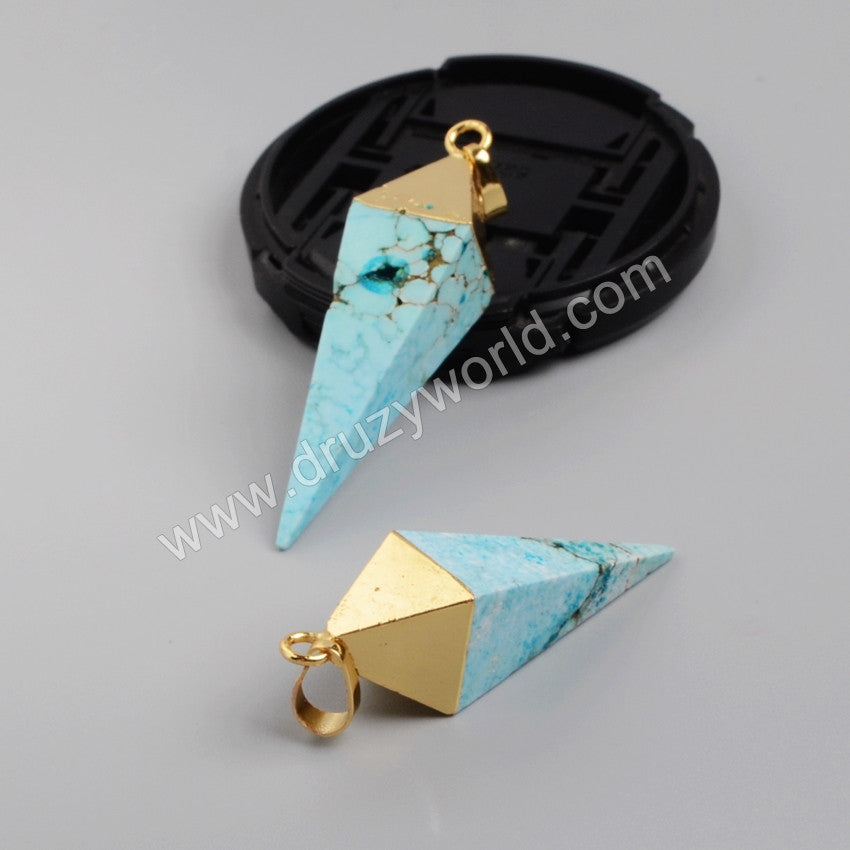 Gold Plated Pyramid  Point Howlite Turquoise Faceted Pendant Bead G1005