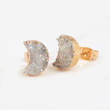 Crescent Moon Natural Agate Titanium Rainbow Druzy Stud Earrings Gold Plated Crystal Jewelry G0913