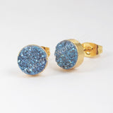 Gold Plated Round 8mm Natural Agate Titanium Rainbow Druzy Stud Earrings G0889