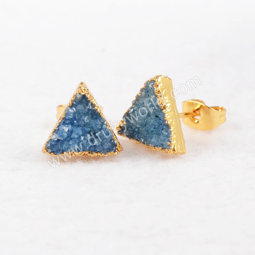 Druzy Earrings For Women Colorful Agate Druzy Earrings, triangle druzy studs, blue druzy studs, crystal studs, druzy quartz studs, gemstone earrings, unique jewelry
