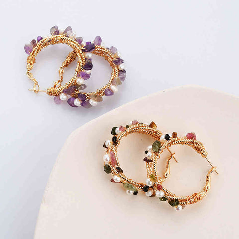 Wire Wrap Gold Plated Brass Natural Gemstone Chips & Pearl Hoop Earrings WX2099