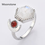 Silver Plated Hexagon Gemstone Faceted Ring, Adjustable Open Ring, Natural Crystal Stone Jewelry WX2196