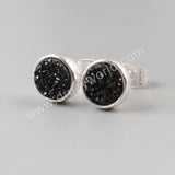 Round 8mm Silver Plated Bezel Natural Agate Titanium Druzy Stud Earrings, Drusy Jewelry ZS0198