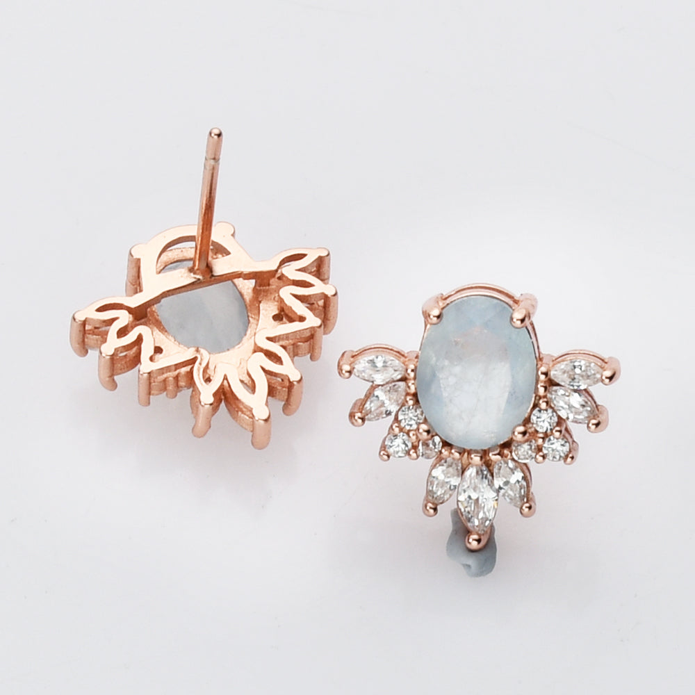 S925 Sterling Silver Rose Gold Natural Gemstone CZ Micro Pave Stud Earrings, Oval Faceted Amethyst Aquamarine Rose Quartz Moonstone Post Earrings, Healing Jewelry SS224