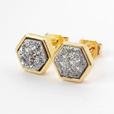 Hexagon Gold Plated Bezel Rainbow Titanium Druzy Studs Earrings ZG0275