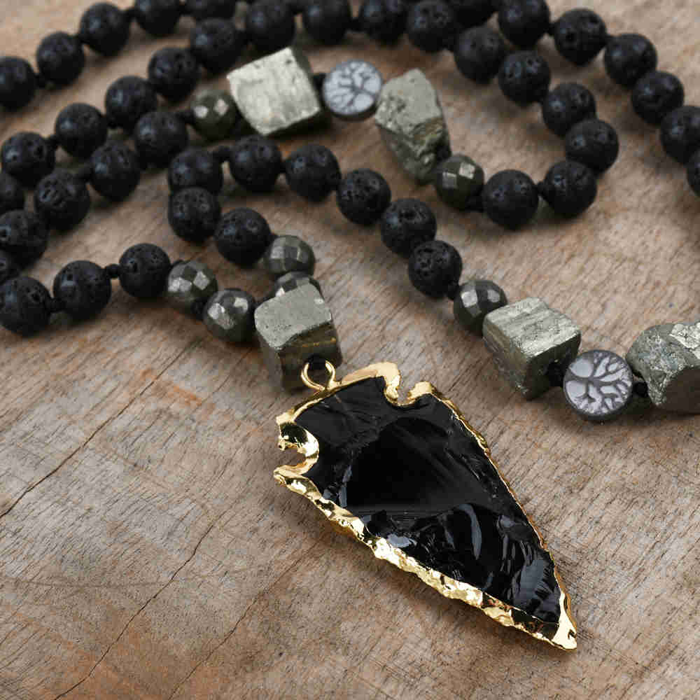 Gold Plated Black Obsidian Arrowhead Necklace, Pyrite Lava Stone Beads, Gemstone Pendant Necklace for Men Women, Healing Crystal Energy Protection Necklace HD0182