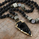 30" Gold Black Obsidian Arrowhead Point 8mm Pyrite Lava Stone Beads Long Necklace, Handmade Boho Necklace HD0182