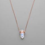 15" Rose Gold Moonstone Aquamarine Crystal Hexagon Point Necklace CZ Micro Pave, S925 Sterling Silver Necklace, Gemstone Dainty Jewelry SS225NR