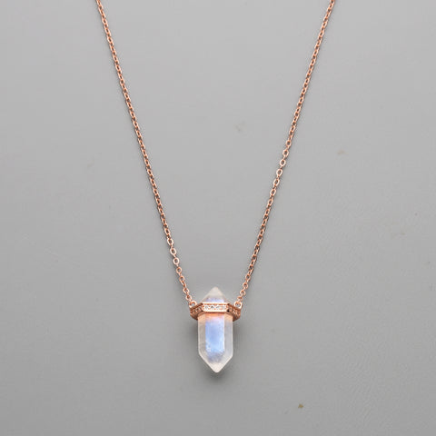 15" Rose Gold Moonstone Aquamarine Crystal Hexagon Point Necklace CZ Micro Pave, S925 Sterling Silver Necklace, Gemstone Dainty Jewelry SS225NR