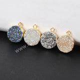 Gold Plated Round 12mm Rainbow Natural Agate Titanium Druzy Charm G1075