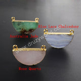 Half Round Australia Jade Connector Gold Plated, Rose Quartz Half Moon, For Jewelry Making G1025