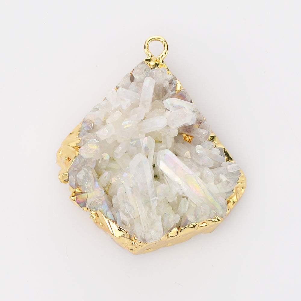 Gold Plated Angel Aura Cluster Crystal Point Charm, AB White Quartz Jewelry Charm Pendant